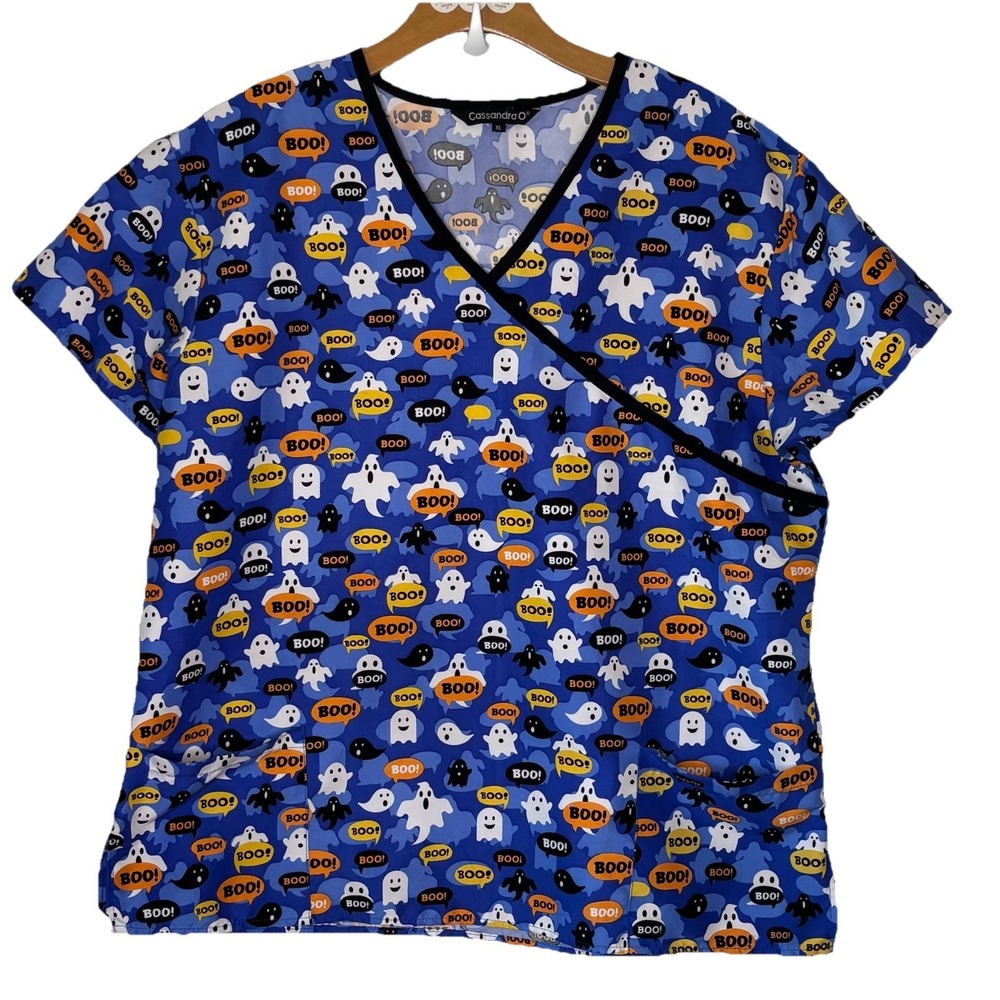 Cassandra O Womens XL Scrub Top‎ V-Neck Pockets S/S Fall Halloween Boo Ghost